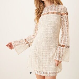 ASOS DESIGN crochet long sleeve mini dress with ring detail in cream